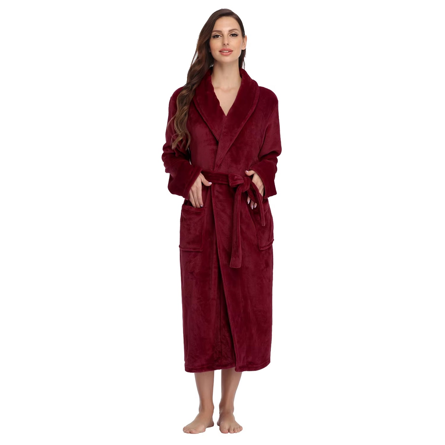 Women'S Solid Color Lapel Bathrobe Autumn and Winter Models Facecloth Warm and Comfortable Long-Sleeved Robe Homewear