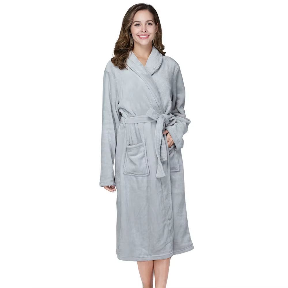 Women'S Solid Color Lapel Bathrobe Autumn and Winter Models Facecloth Warm and Comfortable Long-Sleeved Robe Homewear