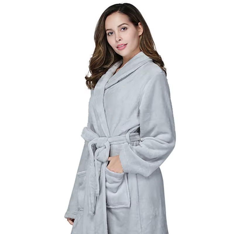 Women'S Solid Color Lapel Bathrobe Autumn and Winter Models Facecloth Warm and Comfortable Long-Sleeved Robe Homewear