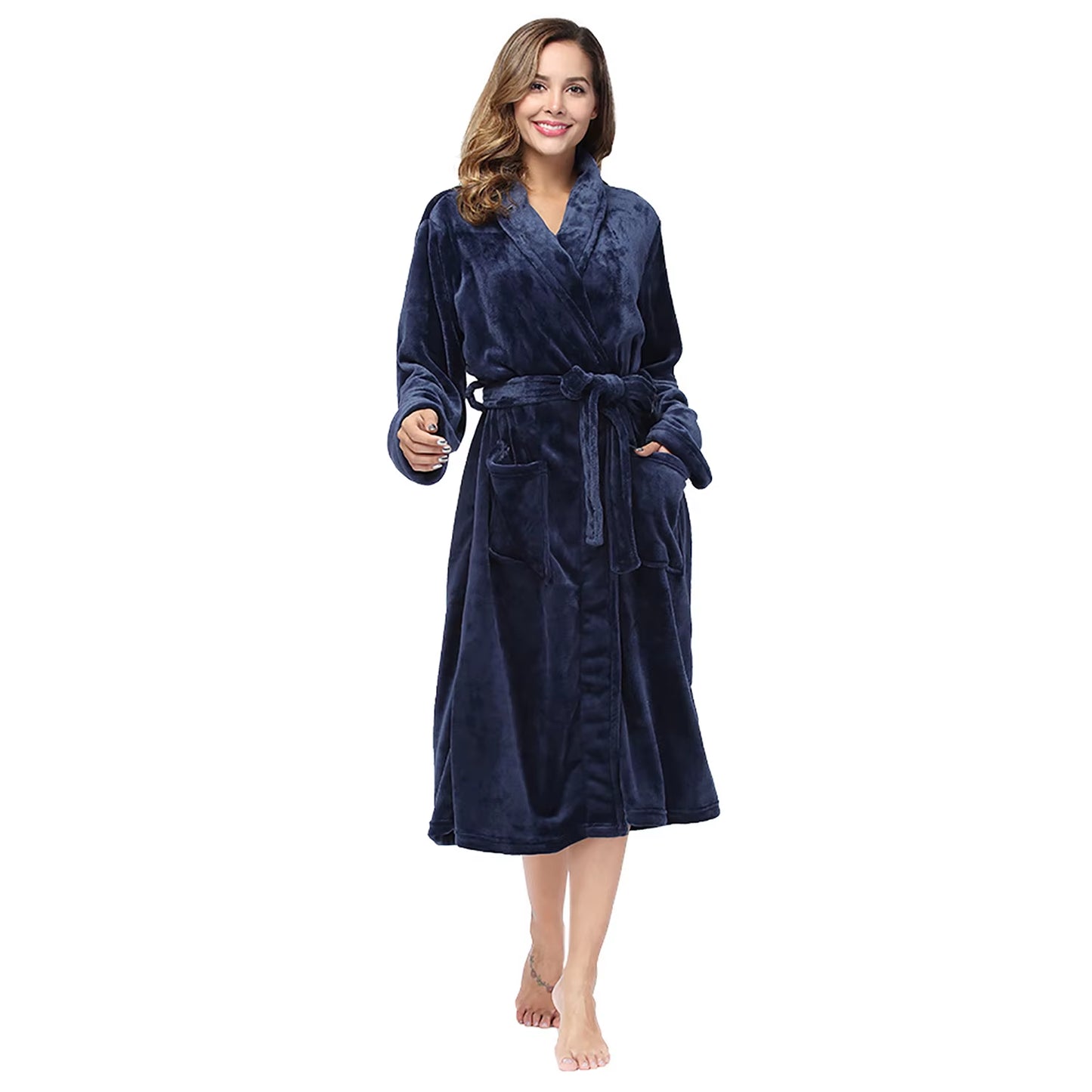 Women'S Solid Color Lapel Bathrobe Autumn and Winter Models Facecloth Warm and Comfortable Long-Sleeved Robe Homewear