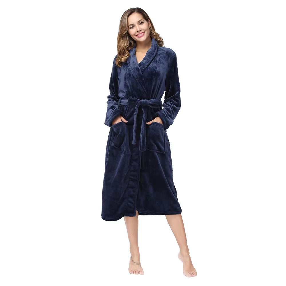 Women'S Solid Color Lapel Bathrobe Autumn and Winter Models Facecloth Warm and Comfortable Long-Sleeved Robe Homewear