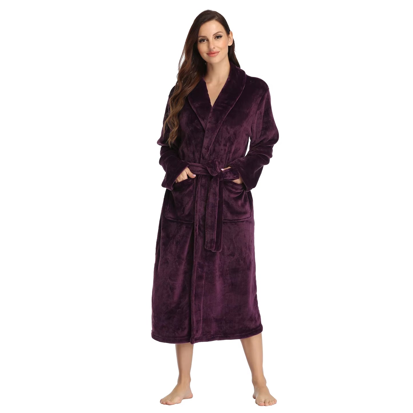 Women'S Solid Color Lapel Bathrobe Autumn and Winter Models Facecloth Warm and Comfortable Long-Sleeved Robe Homewear