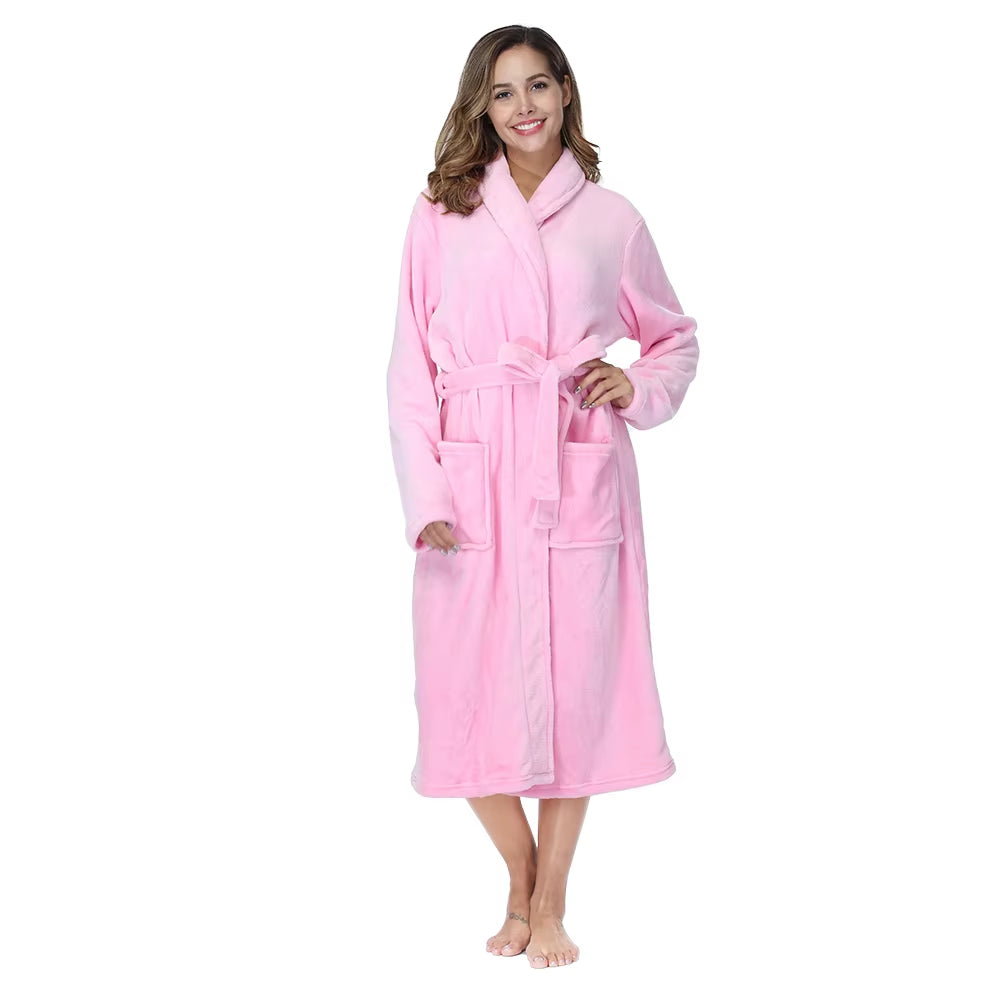 Women'S Solid Color Lapel Bathrobe Autumn and Winter Models Facecloth Warm and Comfortable Long-Sleeved Robe Homewear